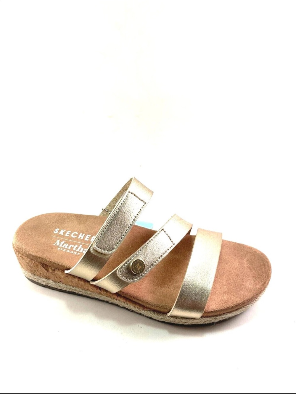 New Skechers Metallic Gold Triple Strap Cork Platform Wedge Sandal Size 8.5 M